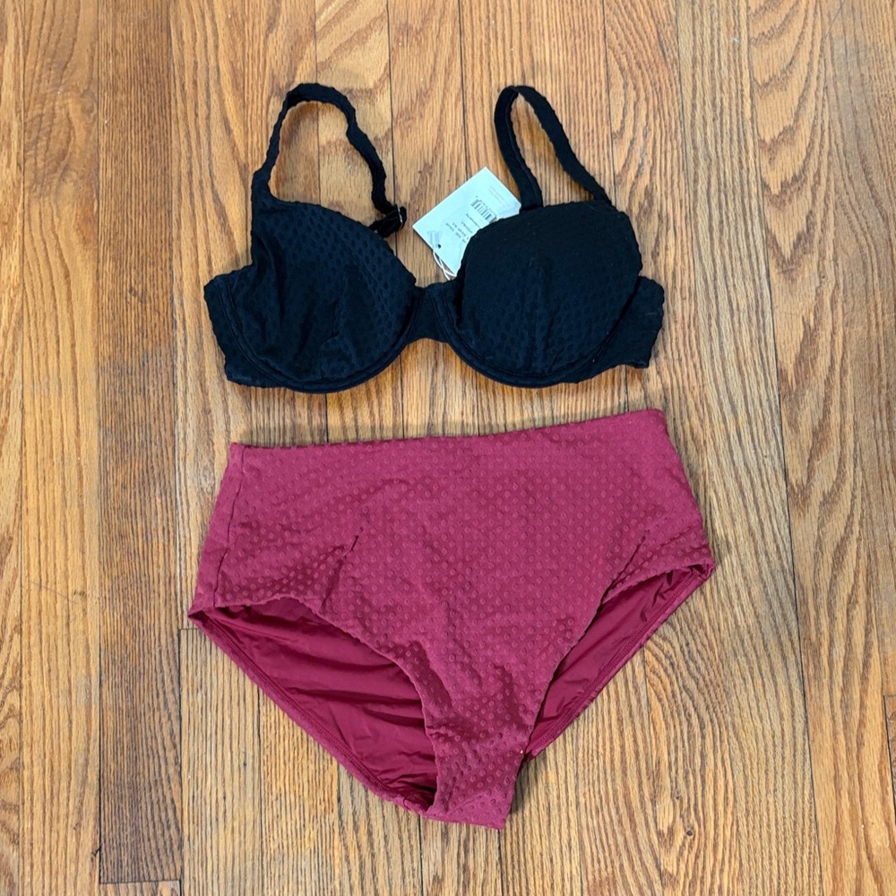 Andie Bikini Set Bermuda D/DD Top High Rise Bottom‎ Terry Dots Black S NWT/NWOT